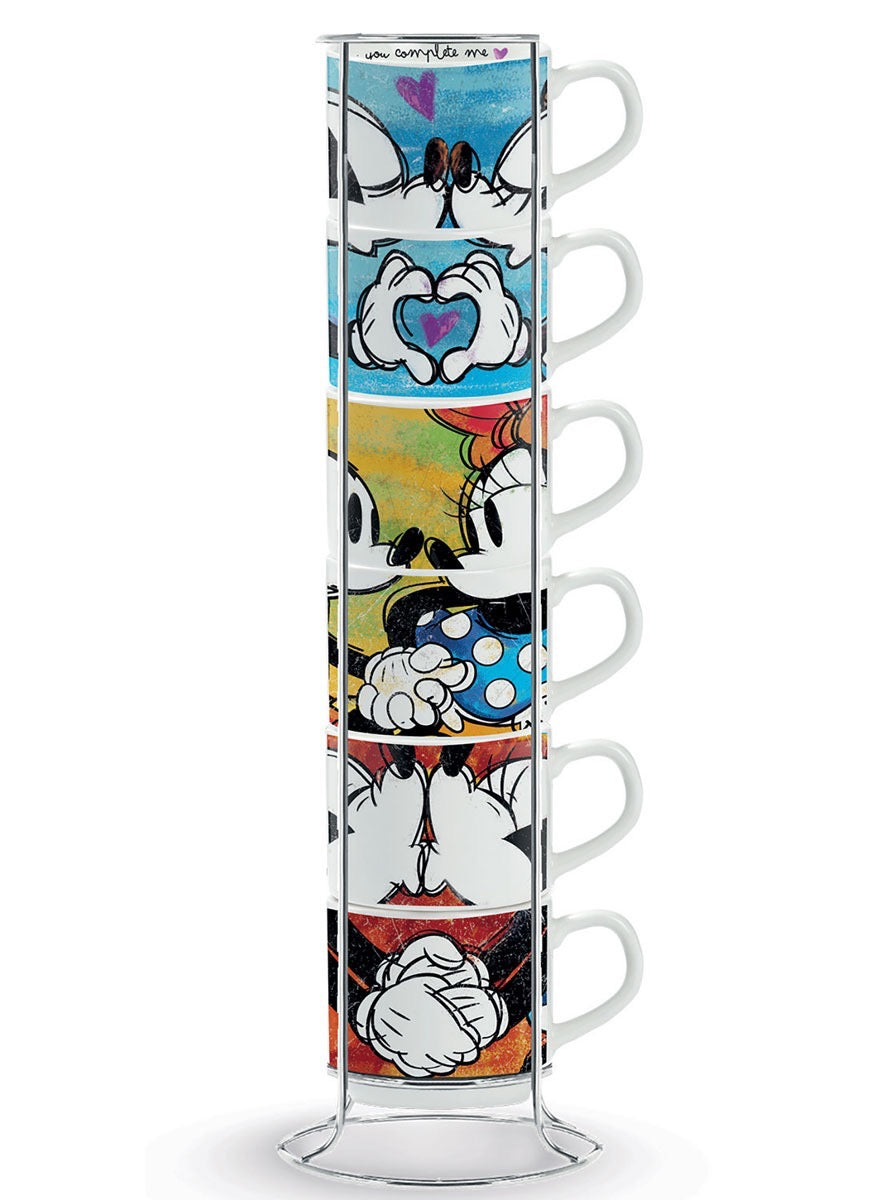 Set 6 Stackable Espresso Cups Mickey Mouse with Metal Rack.