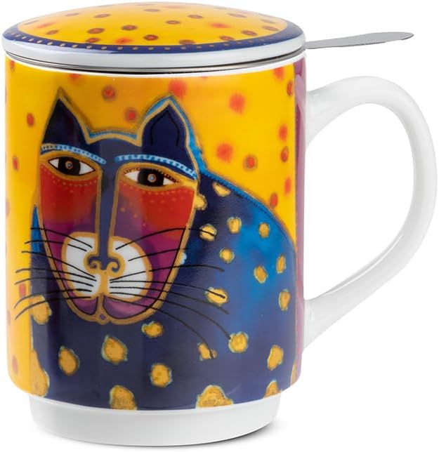 Egan Laurel Burch Infusion Cup 350ml – Porcelain Tea Mug with Lid & Filter – Artistic Cat Design – Microwave & Dishwasher Safe – Herbal Tea Cup for Artistic lovers (YELLOW).