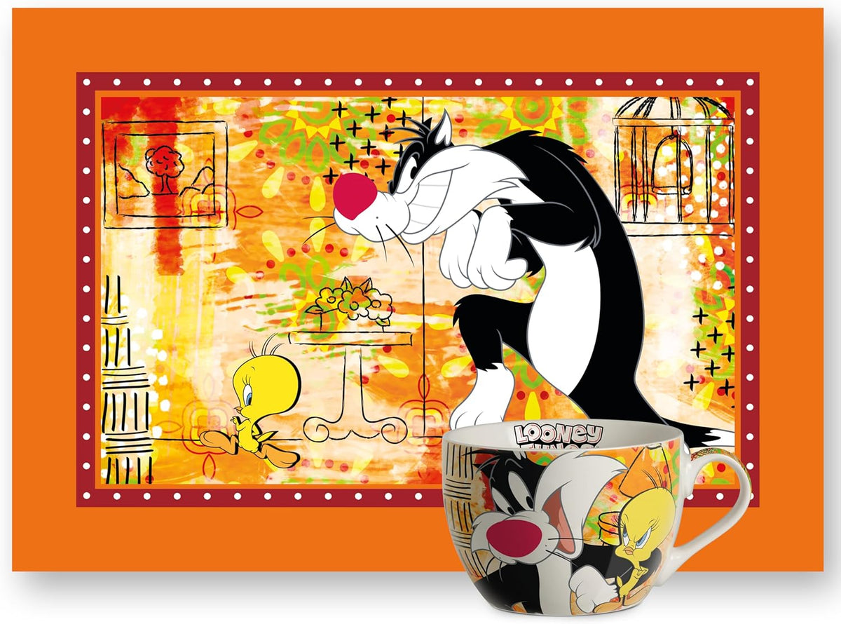 Egan Looney Tunes Breakfast Set – Cup & Cotton Placemat – 2-Piece Kids Breakfast Set Featuring Looney Tunes characters – Tableware (SYLVESTER & TWEETY).