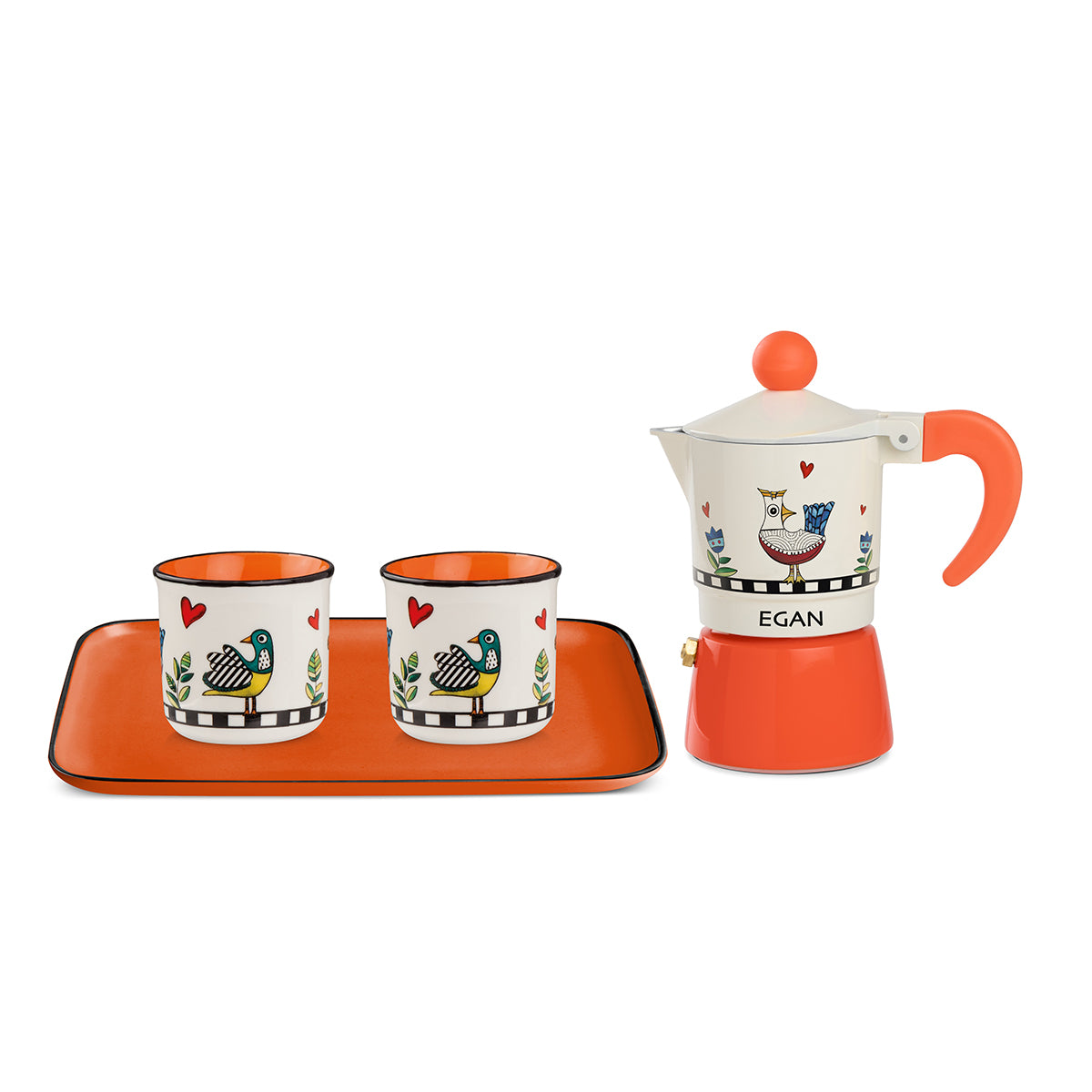 SET MOKA COFFEE MAKER+2 MINI MUGS+TRAY COCORICO ORANGE.