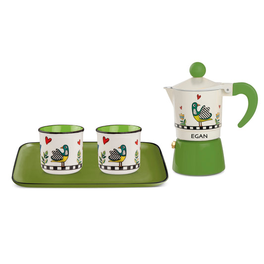 SET MOKA COFFEE MAKER+2 MINI MUGS+TRAY COCORICO GREEN.
