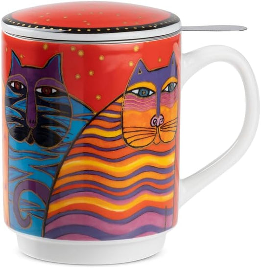 Egan Laurel Burch Infusion Cup 350ml – Porcelain Tea Mug with Lid & Filter – Artistic Cat Design – Microwave & Dishwasher Safe – Herbal Tea Cup for Artistic lovers (RED).