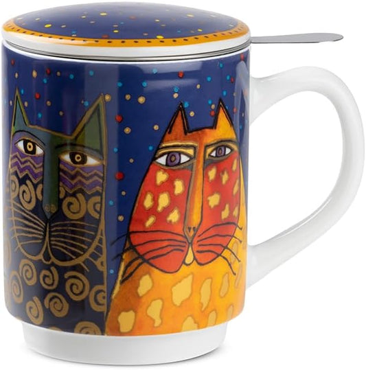 Egan Laurel Burch Infusion Cup 350ml – Porcelain Tea Mug with Lid & Filter – Artistic Cat Design – Microwave & Dishwasher Safe – Herbal Tea Cup for Artistic lovers (BLUE).