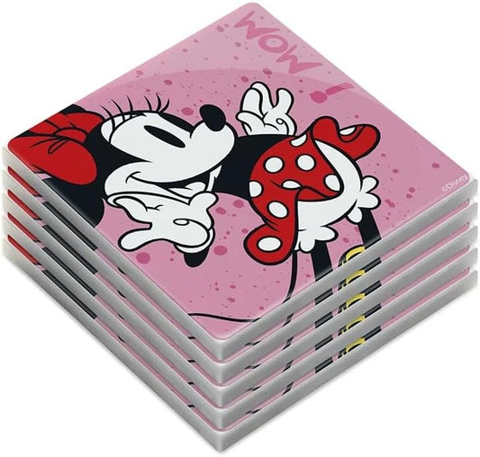 Egan 5-Piece MICKEY I AM & MINNIE I AM Collection Coaster Set – Glazed Ceramic Drink Coasters for Table Protection – Disney Kitchen Accessories & Home Decor – Handwash Only (MINNIE PINK).
