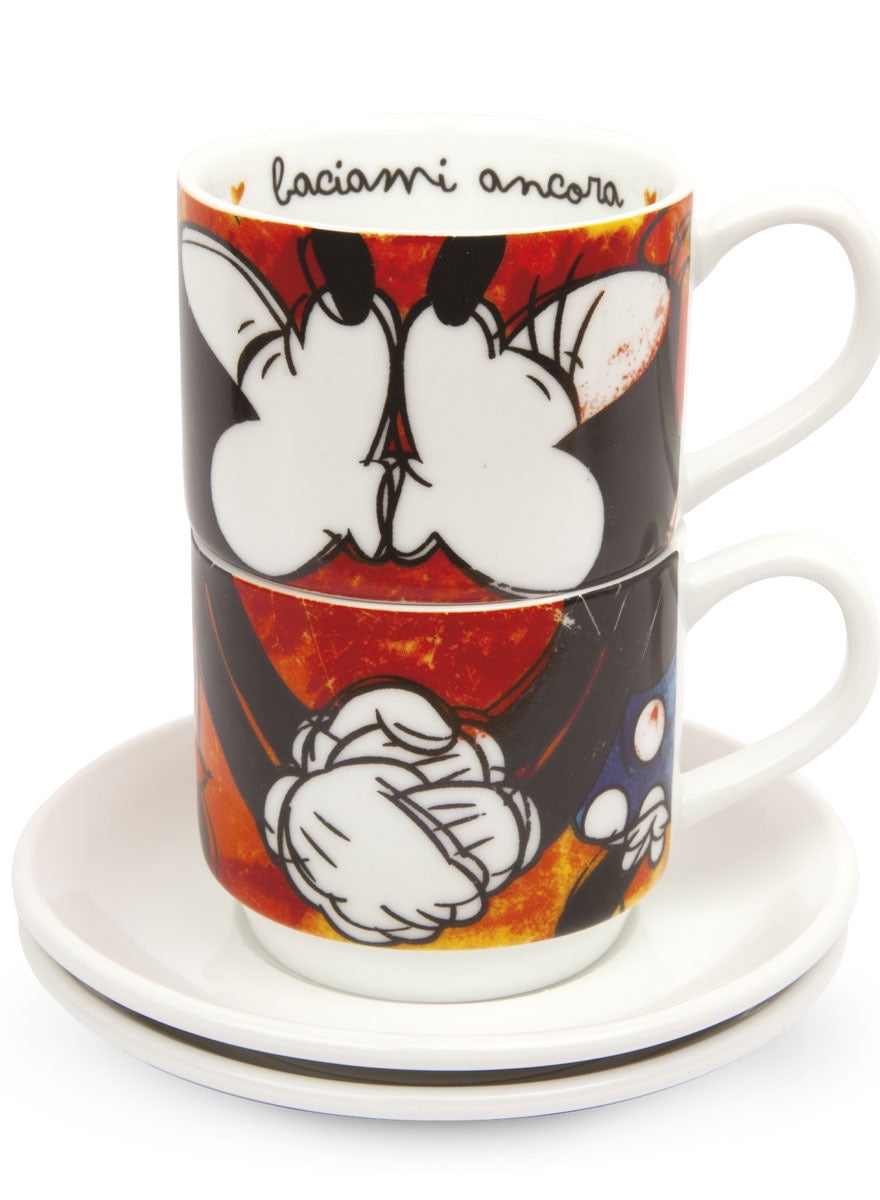 Set 2 Stackable Espresso Cups Mickey Mouse Red With Saucers.