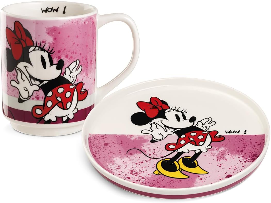 Egan Side Plate + Stackable Mug Set – Mickey & Minnie Mouse I AM Collection | New Bone China | Dishwasher & Microwave Safe | Breakfast Coffee & Snack Set | Gift for Disney lovers (MINNIE PINK).