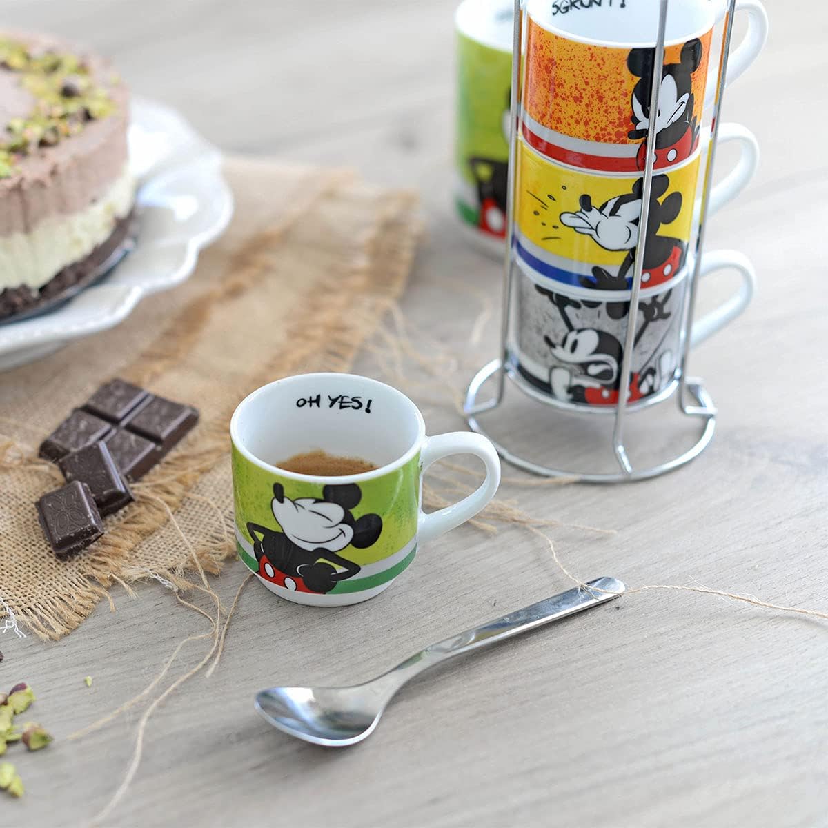 Egan 4-Piece Stackable Coffee Cup Set Mickey I Am + Metal Rack ML. 80, PWM02I/4AM, Multi-Coloured.
