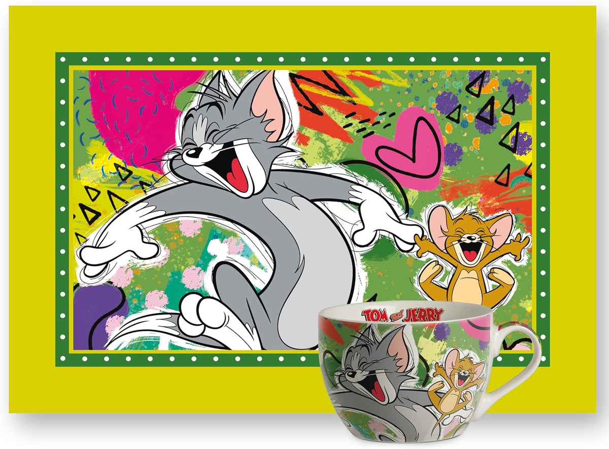 Egan Tom & Jerry Breakfast Cup and Placemat Set – Mug & Cotton Table Mat for Tom & Jerry lovers– 480ml New Bone China Mug with Printed Placemat – Dishwasher & Microwave Safe.
