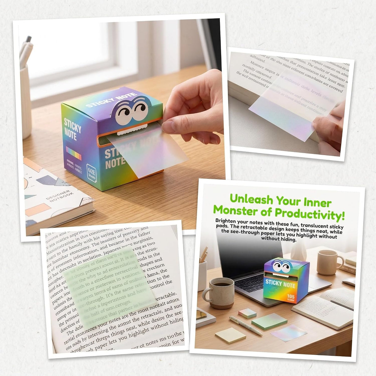 Monster Pattern Sticky Notes – 105 Translucent Pearl Sheets | Pull-Out Dispenser | multicolor Beige