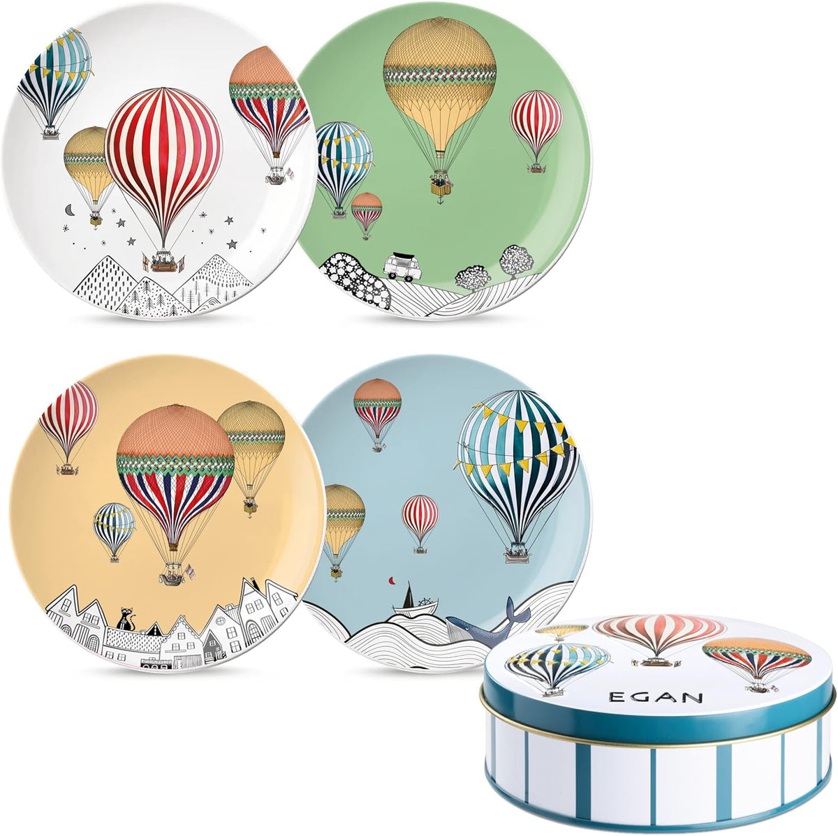 EGAN Giramondo Dessert Plates Set of 4 | 19cm Porcelain | Mixed Hot-Air Balloon Designs