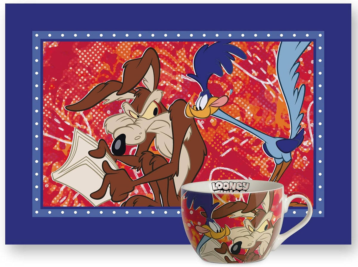 Egan Looney Tunes Breakfast Set – Cup & Cotton Placemat – 2-Piece Kids Breakfast Set Featuring Looney Tunes characters – Tableware (WILE E. COYOTE AND THE ROAD RUNNER).