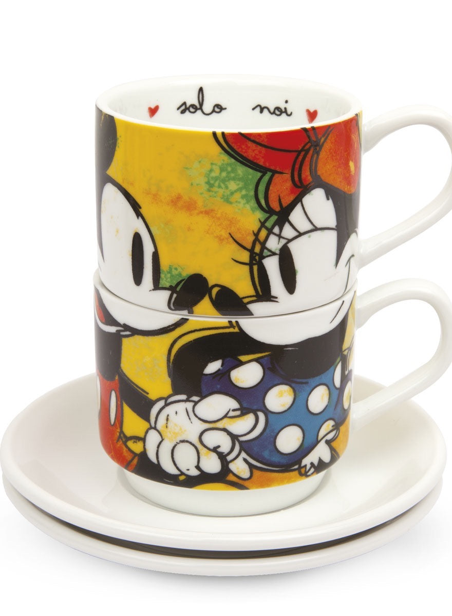 Set 2 Stackable Espresso Cups Mickey Mouse Green With Saucers.